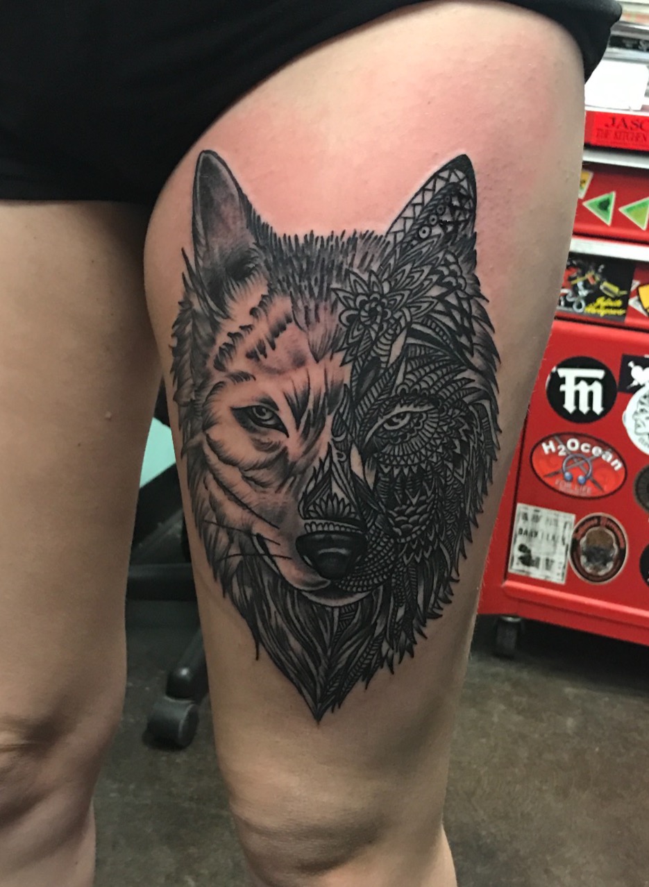 tribal wolf design, wolf tattoo, tribal wolf tattoo, Johnny calico, tattoo artist, Michigan tattoo artist, tattoo artist Michigan