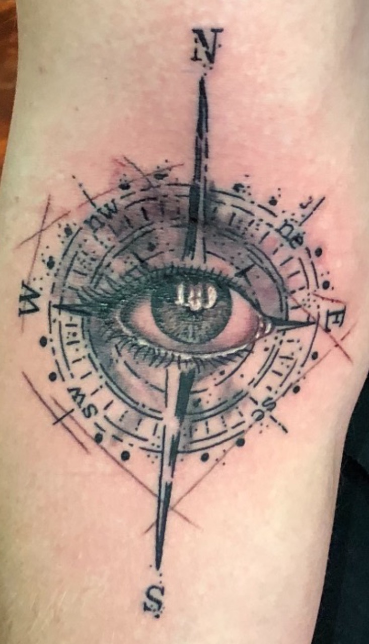 compass tattoo, eye tattoo, Johnny calico, tattoo artist Michigan