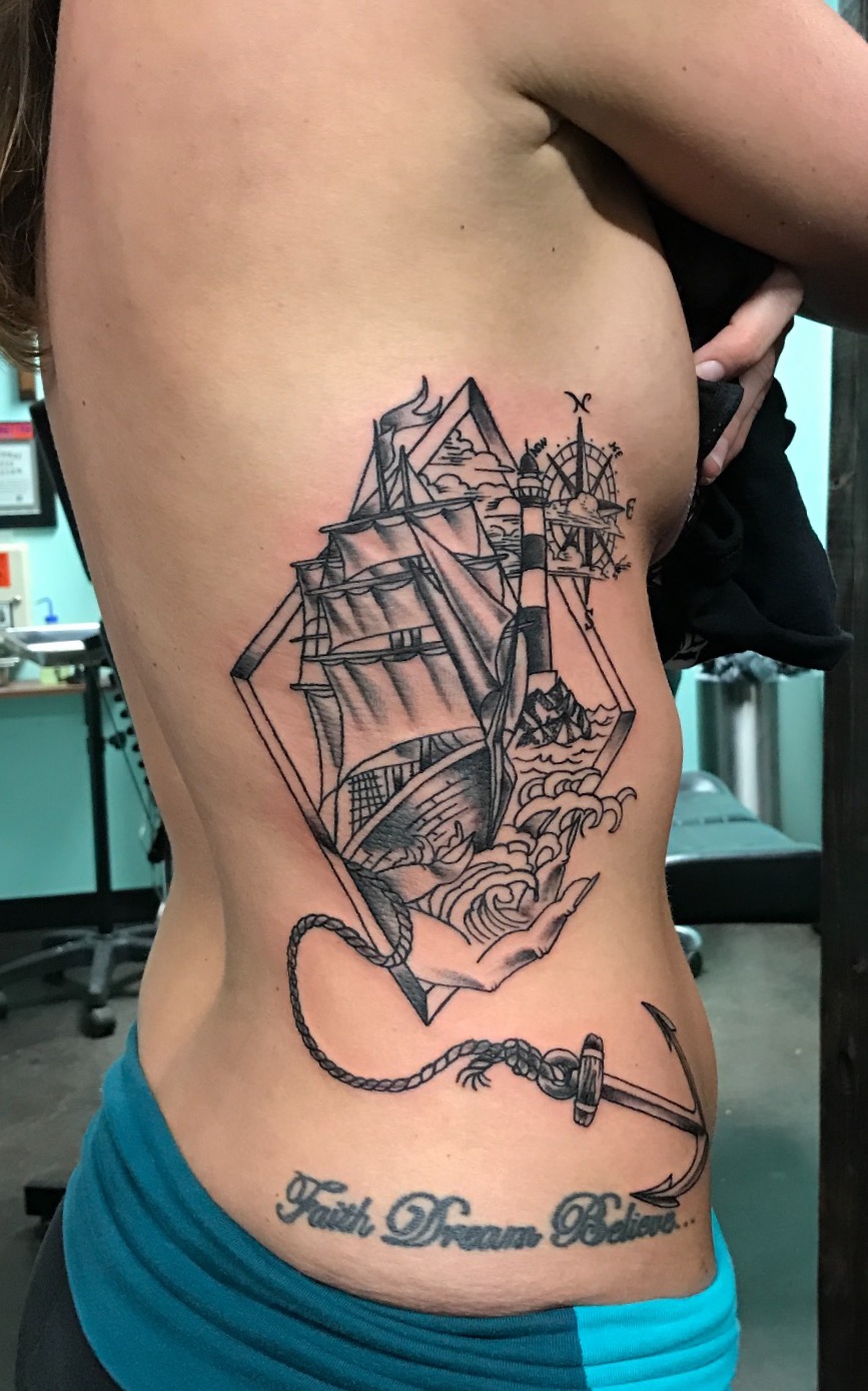 ship tattoo, pirate ship, rib tattoo, side tattoo, girls with tattoos, anchor tattoos, compass tattoos, light house tattoos, light house, rope tattoo, hand tattoo, Johnny calico, tattoo artist Michigan