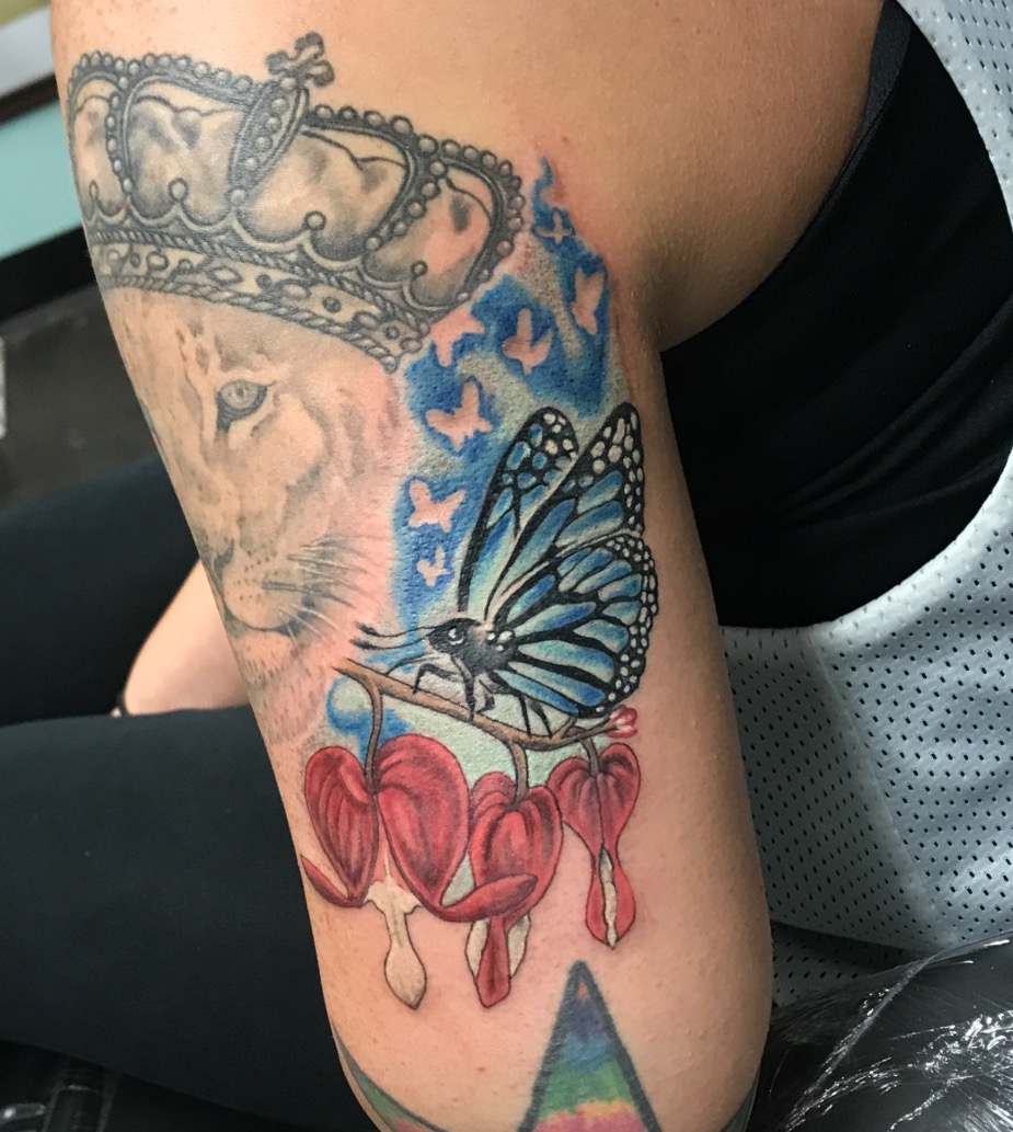 butterfly tattoo, flower tattoo, color tattoo, girls with tattoos, Johnny calico, tattoo artist Michigan