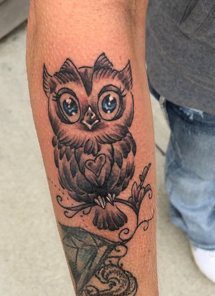 freehand tattoo, owl tattoo, Johnny calico, tattoo artist Michigan