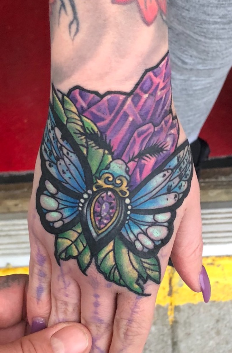 moth tattoo, hand tattoos, color tattoos, new school tattoos, traditional tattoos, Neo traditional tattoos, Johnny calico, gem tattoos, stone tattoos, girls with tattoos