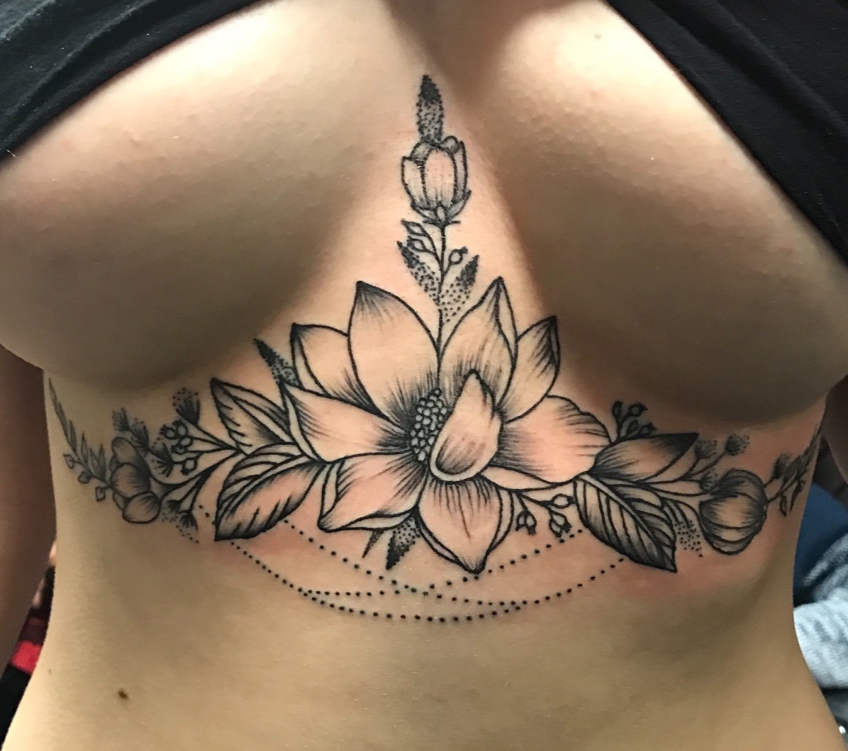 under boob tattoo, breast tattoo, flower tattoo, line tattoo, floral, breasts, tattoos, girls with tattoos, Johnny calico, tattoo artist Michigan, Michigan tattooers